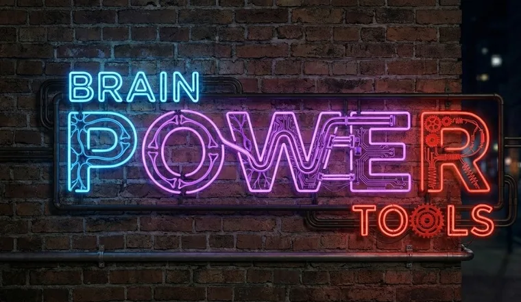 Brainpowertools neon sign on a brick wall